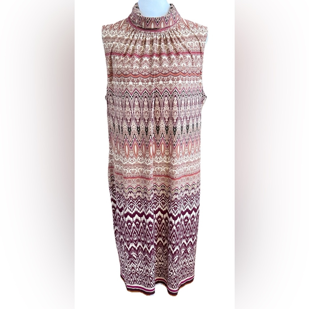 CHICO’S Saharan Sunset Mock Neck Sleeveless Summer Slinky Sheath Dress Size 12
